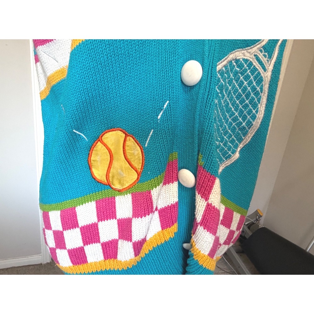 Lizi Ruch Vintage Tennis Sweater Vest Turquoise Blue Cotton Knit Cardigan Medium - Picture 6 of 10